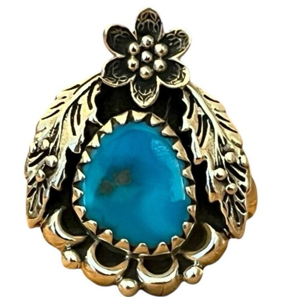 Size 8 Turquoise Sterling Silver Ring Flower and Leaf Design Southwestern Navajo - Picture 1 of 8